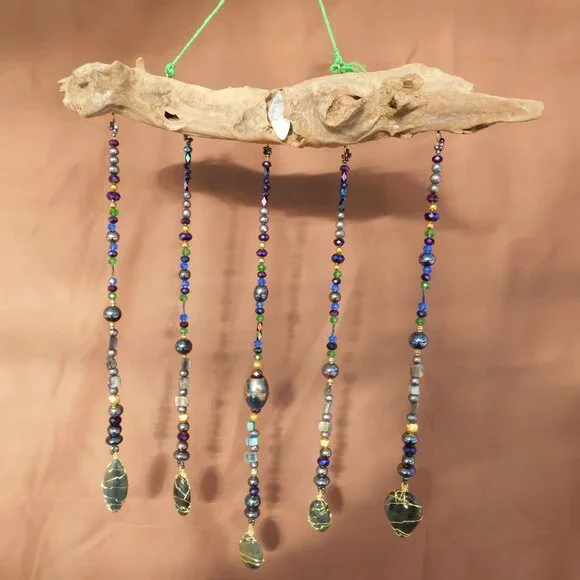 (Dragons Jewels) Driftwood Suncatcher Mobile Natural Labradorite abalone beads